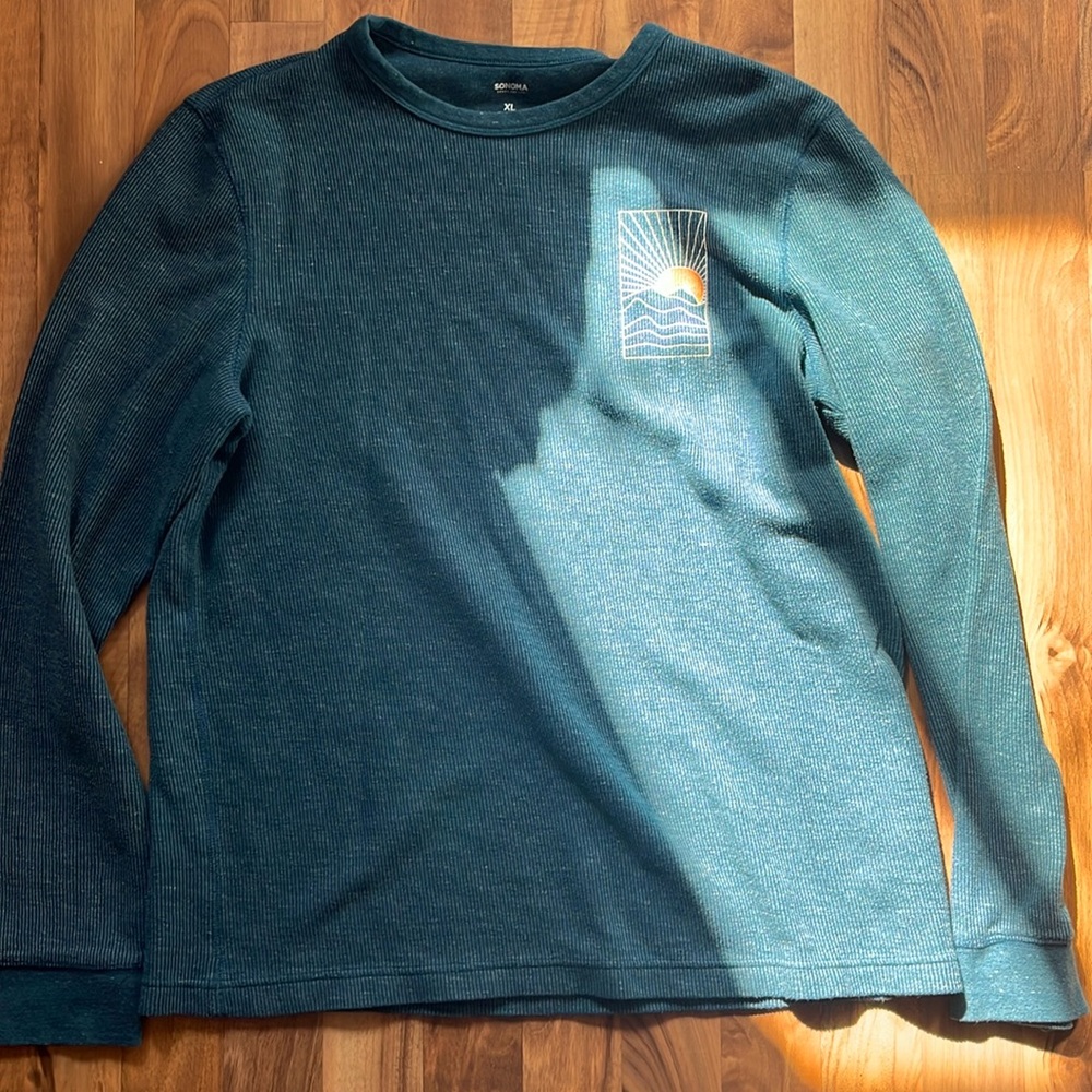 XL blue Sonoma long sleeve with sunset on the right side